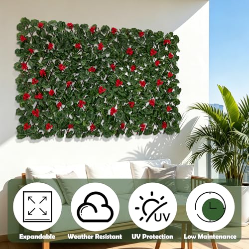 Expandable Fence Privacy Screen with Artificial Flower, Greenery Expandable Stretchable Covers Panel Privacy Fence for Balcony Patio Garden, Single Sided Leaves (Red Geranium, 1 Pack) - color: Red Geranium, size: 1 Pack