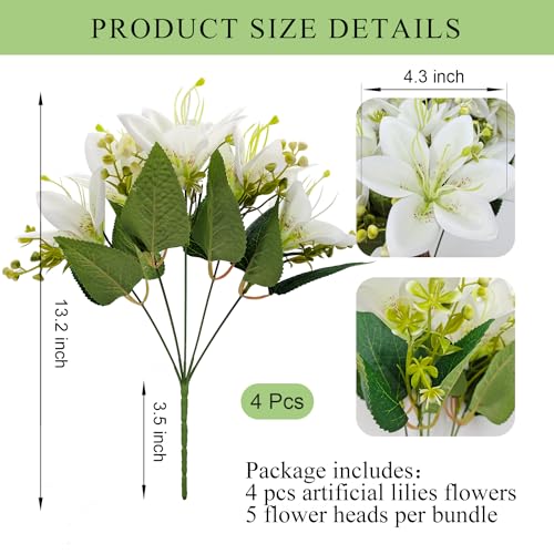 4 Bundles Artificial Tiger Lily Silk Flowers Faux Fake Lilies Plants for Wedding Bouquet Home Party Indoor Table Hotel Office Vases Floral Arrangements Outdoor Garden Decor (White) - color: White
