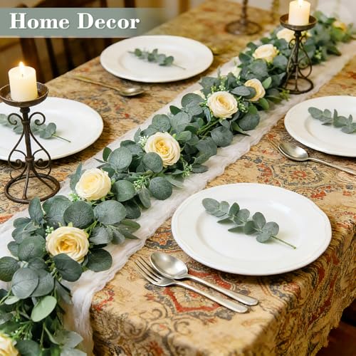 2 Pack Spring Artificial Eucalyptus Flower Garland with Champagne Roses, 13FT Fake Flower Greenery Floral Vines Green Garland for Wedding Arch Table Runner Backdrop Mantle Home Decorations (Champagne) - color: Champagne & Green (2p)