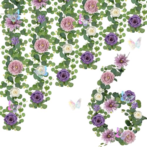 6 Pack 5.9 FT Artificial Flower Garland with Butterflies Fake Rose Garland Faux Greenery Eucalyptus Garlands for Wedding Table Backdrop Arch Centerpieces Decorations - Light Purple & Purple - color: Dusty Purple, size: 6 Pack