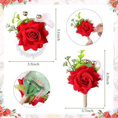 Sherr 20 Pcs Red Rose Wrist Corsage and Boutonnier Set Wedding Flower Corsage Wristlet Band Bracelet Bridegroom Men's Boutonniere Wristlet Hand Flower for Wedding Bouquets Supplies - color: Bright Red