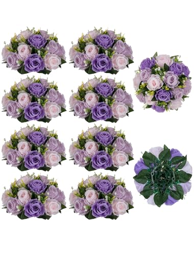 BLOSMON Wedding Rose Centerpieces Tables: Purple Lilac Pink Fake Roses | 10 Pcs Faux Flowers Balls Arrangement for Table Decor - Artificial Silk Floral Bouquet with Base Party Reception Decorations - color: Purple & Lilac & Light Pink