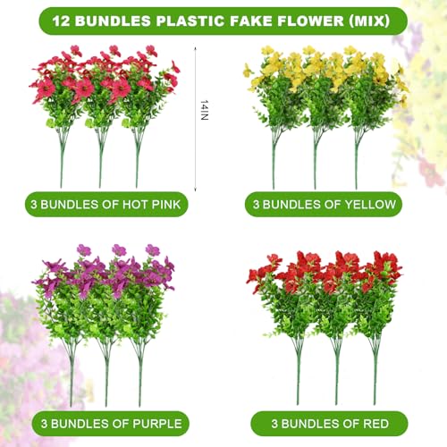 ADXORA 12 Bundles Artificial Flowers,Faux Plants for Spring Summer Decoration, UV Resistant Colorful Violets Eucalyptus for Outside Home Planter Porch Patio Yard Decor - color: Purple,red,yellow,hot Pink