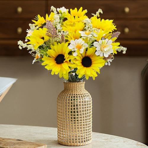 5 Bunches Artificial Sunflowers Bouquets, Fake Silk Sunflower with Faux Daisy Wildflowers Plants for Home Decor Indoor Floral Arrangements Table Centerpiece Bridal Wedding Decor (Yellow) - color: Yellow