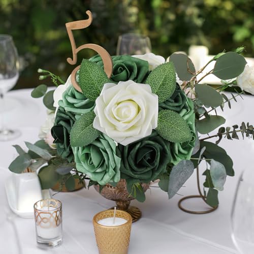 AmyHomie 25pcs Real Looking Artificial Shades of Forest Roses w/Stem for DIY Wedding Bouquets Centerpieces Arrangements Party Baby Shower Valentines Day Christmas Tree Decorations - color: Shades of Forest Green