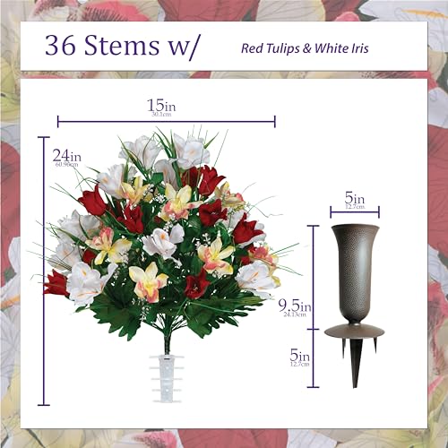 Sympathy Silks Artificial Cemetery Flowers - Grave Decoration - Red Tulips and White Iris (1) Headstone Saddle (1) Bouquet (1) Vase - color: Red/White, size: (1) Saddle (1) Bouquet (1) Vase