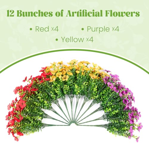 Artificial Flowers for Outdoors Potted Spring Decor, 12 Bundles Fake Summer Daisy with Realistic Eucalyptus Leaves, Faux Plants for Greenery Boxwood Porch Patio Garden Pot Lawn(Red Purple Yellow) - color: Red Purple Yellow