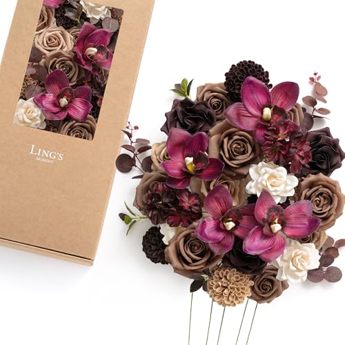Ling's moment Artificial Wedding Flowers Combo, Fake Greenery for DIY Bouquets Centerpieces Decorations Foam Rose Hydrangea with Stems for Party Home Decor, Earth Brown & Black Baccara, Deluxe Combo - color: Earth Brown & Black Baccara & Plum, size: Delux