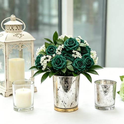 Artificial Flowers, 50pcs Hunter Green Artificial Rose for DIY Wedding Bouquets Centerpieces Arrangements, Fake Flower with Stem for Party Home Decrration - color: Hunter Green, size: 50pcs