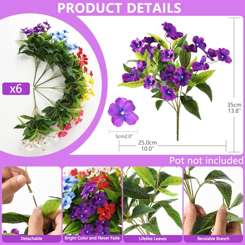 Artificial Impatiens Flowers for Outdoors, 6 Bundles Multicolor Silk Fake Flowers for Spring Summer Decoration, UV Resistant Faux Plants Plastic Bouquet for Home Planter Porch Patio Yard Decor - color: Purple,blue,red,hot Pink,white,yellow