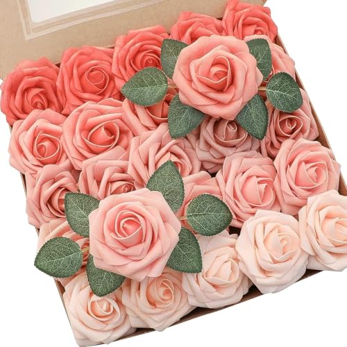 Artificial Flowers Roses with Stems for DIY Wedding Christmas Tree Bouquet Baby Shower Centerpiece Floral Arrangement Party Home Decor Mothers Day Decorations (Gradient Color Jhong, 25 Pieces) - color: Gradient Color Jhong, size: 25