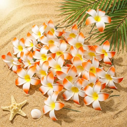 Tigeen 30 Pcs Hawaiian Plumeria Frangipani Artificial Flowers Fake Tropical Flowers with Stems for DIY Birthday Gifts Wedding Home Hawaiian Party Decor Table Centerpiece (Orange) - color: Orange