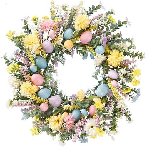 Sggvecsy 20 Inch Easter Wreath Spring Wreath Artificial Flower Wreath with Colorful Eggs Hydrangea Daisies Eucalyptus Leaves for Front Door Easter Summer Farmhouse Holiday Wall Home Window Decor