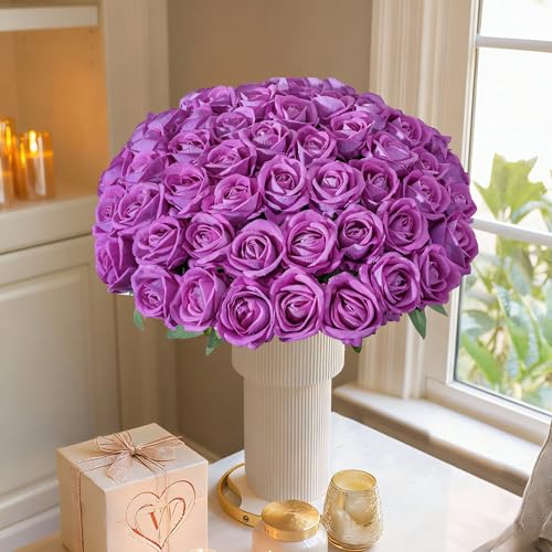 50 PCS Roses Artificial Flowers, Fake Roses with Stem Realistic Fuchsia Silk Roses for DIY Wedding Bouquets Table Centerpieces Arrangements Baby Shower Birthday Home Decor Valentine's Day Gift for Her - color: Fuchsia