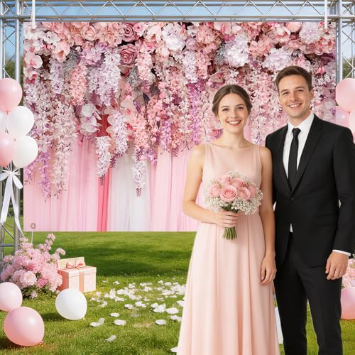 8x6ft Floral Backdrop Girl Pink Rose Flower Wall Decor Romantic Bridal Shower Wedding Anniversary Photo Background Floral Party Decorations Dessert Cake Table Banner Props - size: 8x6ft