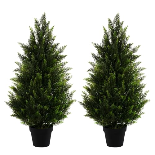 Artificial Topiary Cedar Trees 3FT Tall 2 Set, Outdoor Indoor Faux Pine Shrubs Plants, Realistic Fake Plants Front Porch Decor, Artificial Bushes Cypress for Home Front Door Offices - color: 2*pine Tree 3ft