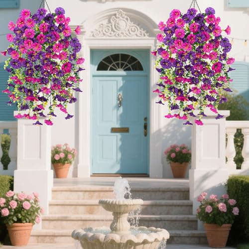 4 Pcs Fake Hanging Plants Artificial Flowers for Outdoors, Silk Petunia Faux Flowers Look Real Trailing Vines UV Resistant Faux Plants for Home Planter Porch Patio (2 Rose Red+2 Purple)