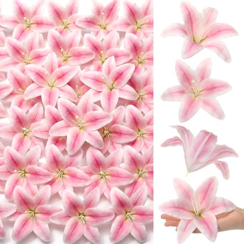 Suncalla 30 Pack Large Artificial Lilies Flower Heads with Realistic Stamens 5.9" Faux Fake Lily Flower Heads Bulk for DIY Crafts Cake Wedding Bridal Wreaths Table Home Party Decor (Pastel Pink) - color: Pastel Pink