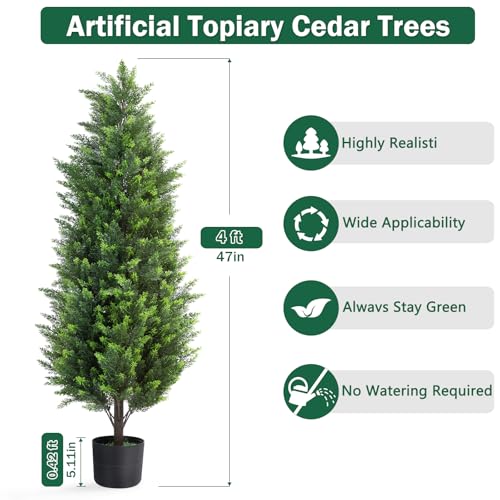 4FT Tall Artificial Cedar Topiary Trees Set of 2, Artificial UV Resistant Potted Plants, Faux Bushes Fake Shrubs for Outdoor Indoor Home Entryway Front Porch Garden Patio Offices Living Room Decor