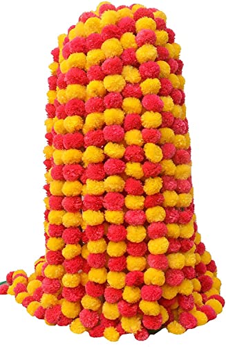 Artificial Marigold Garland for Decoration 5 Pcs of 5 feet Long Strands Artificial Marigold Flowers, Indian Decor for Pooja, Wedding Christmas, Events Decorations (Yellow+Red) - color: Yellow+red