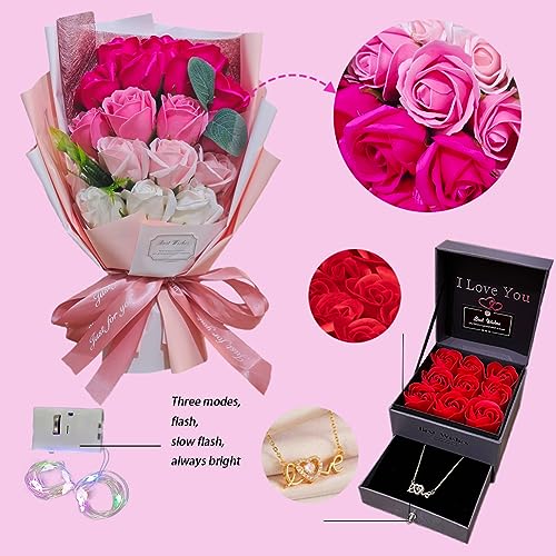 EIGHTOWN Roses Bouquet Artificial Flower - Preserved Red Flowers with Love Necklace for Her - Unique Gifts Valentine's Day, Mother's Day, Thanksgiving, Birthday, Anniversary… (Hotpink) - color: Hotpink