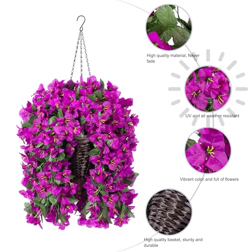 INSPRING Artificial Bougainvillea Faux Flowers Plants Baskets for Outdoor Outside Decoration, 3PCS Fake Silk Flowers Long Trailing Vines UV Resistant Realistic for Front Door Porch Patio (Purple) - color: Purple