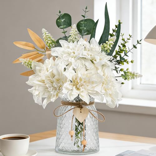 Fake Flowers with Vase Silk Flowers in Vase Dahlia Flowers Arrangement Suitable for Home Office Decoration, Dining Table Centerpiece (Dahlia-White) - color: Dahlia-white