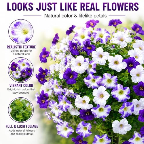 Artificial Petunias with Ground Stake - UV Resistant & Waterproof Faux Flowers for Outdoor Indoor Garden, Yard, Planter, Porch & Home Decor (Style G, 3 Pcs) - color: Style G , 3 Pcs