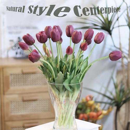 20pcs Artificial Tulip Flowers,16 Inch Real Touch Tulip Stems with Faux Leaves, Faux Tulips and Buds for Home Décor Centerpiece Ornament Wedding Bouquet,Deep Purple - color: Deep Purple