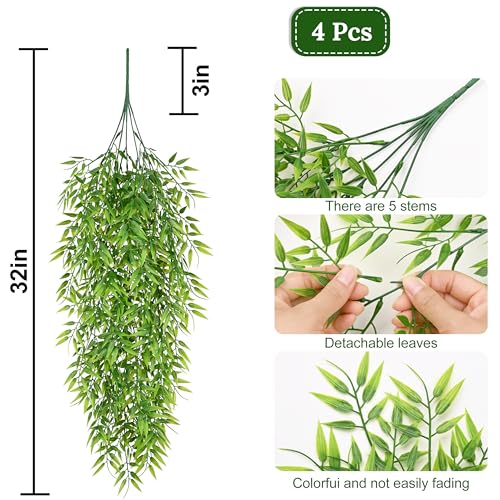 Waipfaru 4Pcs Artificial Hanging Plants, Fake Willow Leaves Vines Fake Hanging Plants for Outdoors UV Resistant Plants Outdoor Faux Plants Indoor Bedroom Living Room Porch Shelf Decor - color: Willow Leaves Vines, size: 4Pcs Plants