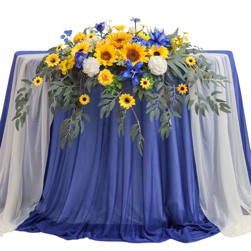 TINGE TIME Artificial Sweetheart Flower Swag with Tablecloth and Table Runner, Pack of 3 Floral Arrangement for Wedding Sweetheart Table Centerpiece Decoration Valentine's Day (Sunflower&RoyalBlue) - color: Sunflower & Royal Blue