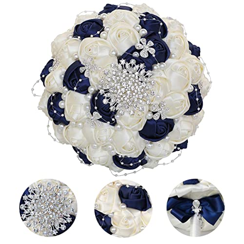 Big Size (8.26") Handmade Diamond Wedding Bouquet for Bridal with Pearl Rhinestones Navy Mix Ivory Color Silk Rose Flowers with Ribbon use in Church (Navy Blue+Ivory) - color: Navy Blue With Ivory