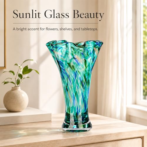 9.0" H Teal Glass Vases for Flowers, Unique Hand Blown Glass Vase Green Home Decor, Wide Mouth Colorful Flower Vase Centerpieces, for Living Room Table Bookshelf, Bathroom Office Shelf Decorative - color: Teal