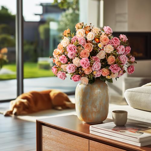 Artificial Rose Flowers for Outdoor 4 Bundles Rose Bouquet with Daisy Faux Flowers UV Resistant for Home Indoor Outside Garden Porch Window Box Balcony Yard Porch Fall Decor (Pink+Orange) - color: Pink+orange