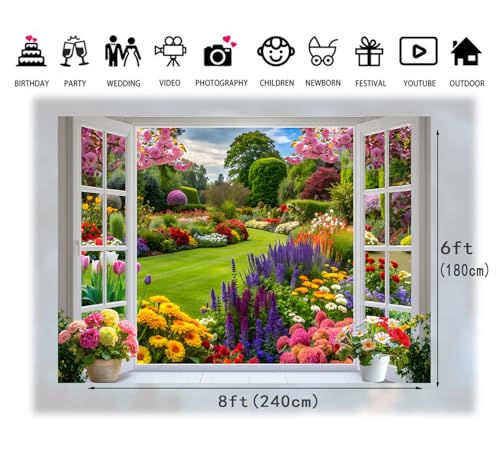 8x6ft Spring Summer Garden Window Backdrop Floral Nature Landscape Photo Background with Blooming Flowers for Portrait Photoshoot, Wedding, Baby Shower, Birthday, Studio Decor 359 - size: 8x6ft