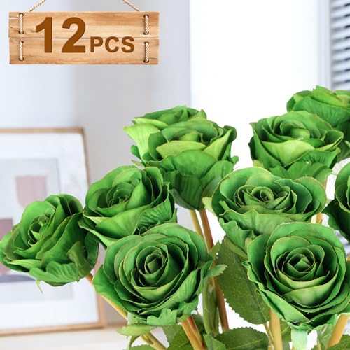 Hananona Artificial Roses Flowers for St. Patrick's Day，12 Pcs Silk Green Rose Bouquet for Spring Home Decoration, Green Faux Roses for Wedding - color: Green