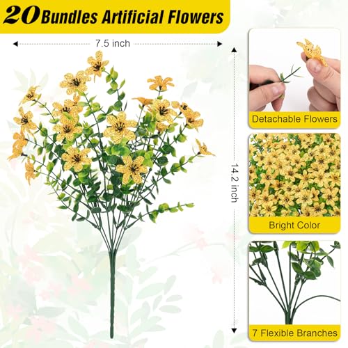 Bassion 20 Bundles Artificial Flowers for Outdoors Decorations, UV Resistant Faux Plants Fake Silk Flowers for Outside Daisy Hanging Planters Window Box Front Door Porch Patio Yard Home Decor - color: Yellow