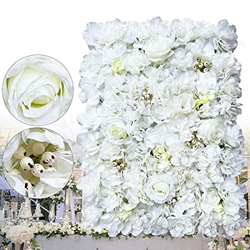 12pcs 24" x 16" Artificial Flower Wall Panel Background,3D White Plastic Hydrangea Rose Flowers Wall Backdrop for Wedding Party Event Photo Backdrop Wall Decor (White)