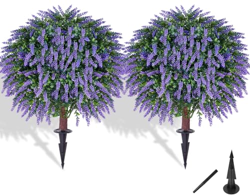 24" Artificial Lavender Topiary Ball Tree Set of 2, UV & Fade Resistant Faux Shrubs, Fake Evergreen Plants for Indoor Outdoor Porch Garden Decor - color: Lavender