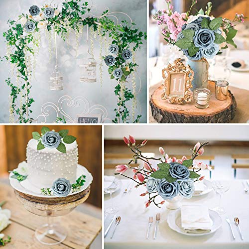 AmyHomie Artificial Flower Dusty Blue Shades Rose 25pcs Real Looking Fake Roses w/Stem for DIY Wedding Bouquets Centerpieces Arrangements Party Baby Shower Valentines Day Christmas Tree Decorations - color: Dusty Blue Shades