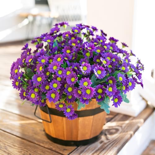 Daisy Artificial Flowers for Outdoors Decoration, 6 Bundles Fake Plants Flowers Bouquet Faux Flowers for Outdoor Planter Look Real UV Resistant Silk Flowers for Outside Front Door Porch Patio, Purple - color: Purple