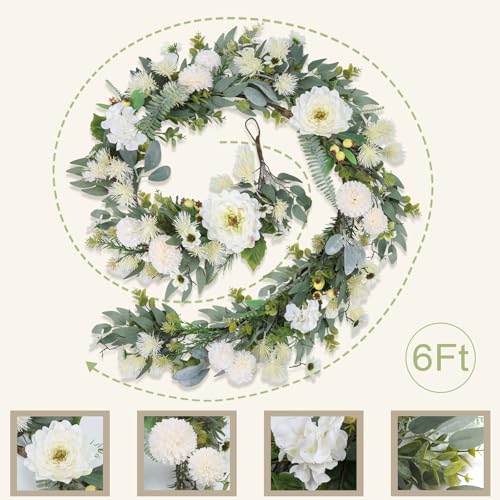 Spring Garland 6FT Hydrangea Flower Garland Faux Greenery Leaf Vine Garlands for Decoration for Spring Indoor Outdoor Garden Farmhouse Porch Wall Wedding Room Home Decor (White) - color: White
