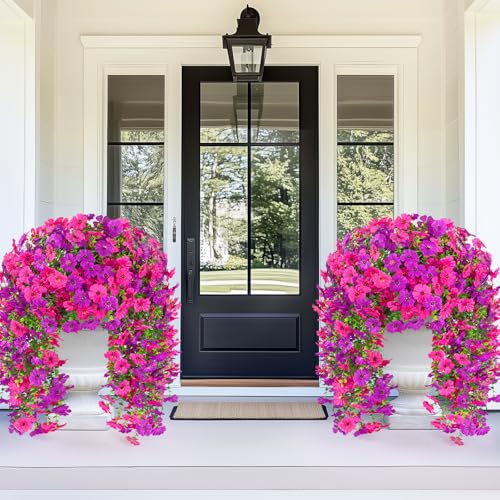 Dolicer 8 Pcs Look Real Artificial Flowers for Outdoors, Realistic Fake Artificial Hanging Flowers for Outdoors UV Resistant Silk Faux Hanging Plants Flowers for Porch Patio Garden (Purple+Fuchsia) - color: Purple+fuchsia, size: 8 Pcs