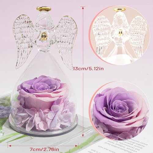 Miofula Gifts for Mom Birthday Gifts for Women, Preserved Flowers Rose in Glass Angel Figurines, Fresh Flowers for Delivery Anniversary Forever Real Roses Gifts for Mothers Grandma Her Wife Girlfriend - color: Pink+purple