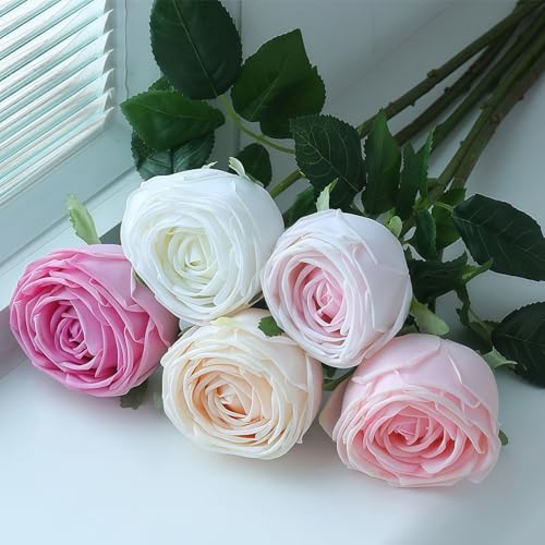 5Pcs Mutil-Color Real Touch Silk Flowers - Lifelike Roses Peony | Lifelike roses & peonies with soft latex touch, no watering needed. Perfect for wedding bouquets, home decor & DIY - color: Champagne,light Pink,white,pink,rose