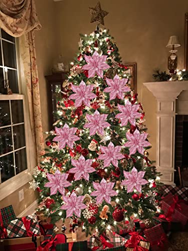 Briful 9'' Christmas Poinsettia Flowers 8PCS Pink Glitter Artificial Flowers Large Christmas Ornament Flowers for Xmas Tree Wreath Garland Decoration - color: Pink