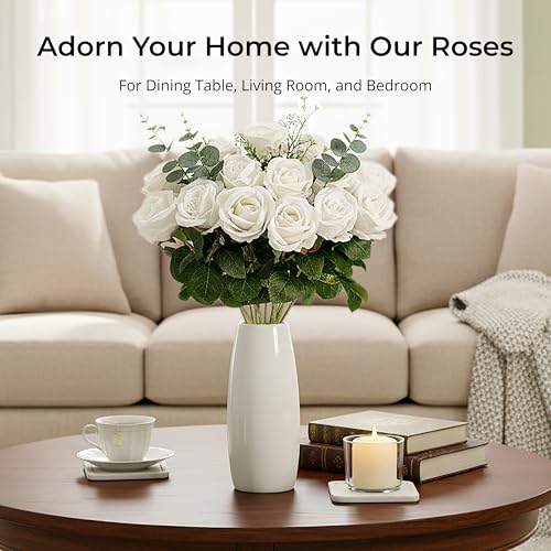 Auihiay 14PCS White Roses Artificial Flowers, Velvet Silk Faux Roses with Long Stems for Mother's Day, Wedding Centerpieces, Anniversary, Party, Home Decoration & DIY Floral Arrangement - color: White