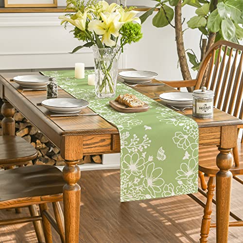 Artoid Mode Green Bloom Flowers Butterfly Spring Table Runner, Seasonal Holiday Kitchen Dining Table Decoration for Home Party Indoor 13x72 Inch - color: Green, size: 13" x 72", Table Runner