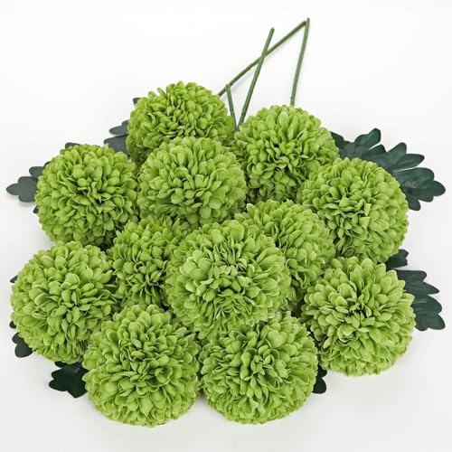 Briful 12 Pcs Artificial Green Chrysanthemum Stems – 11” Tall Silk Mums Flower Heads with Green Leaves, Flexible Stems for Fall Floral Pick Arrangements, Home, Wedding & Seasonal Decorations - color: 3.5'' Dia. 12pcs Green