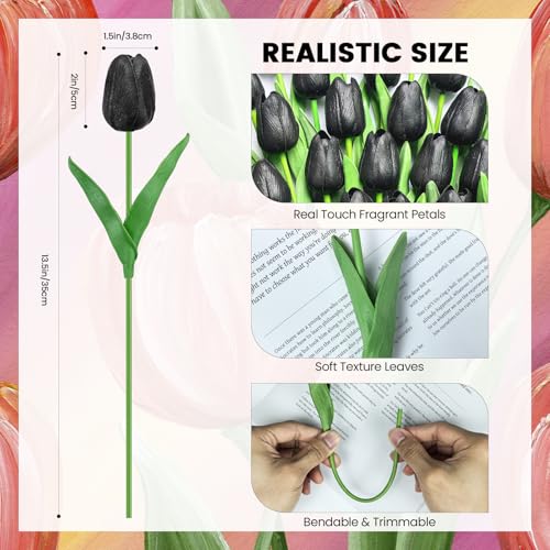 30 PCS Artificial Tulips Real Touch Tulips 13.5inch Long Stem Fake Flowers Silk Flowers for Spring Easter Mother's Day Decorations（Black） - color: Black